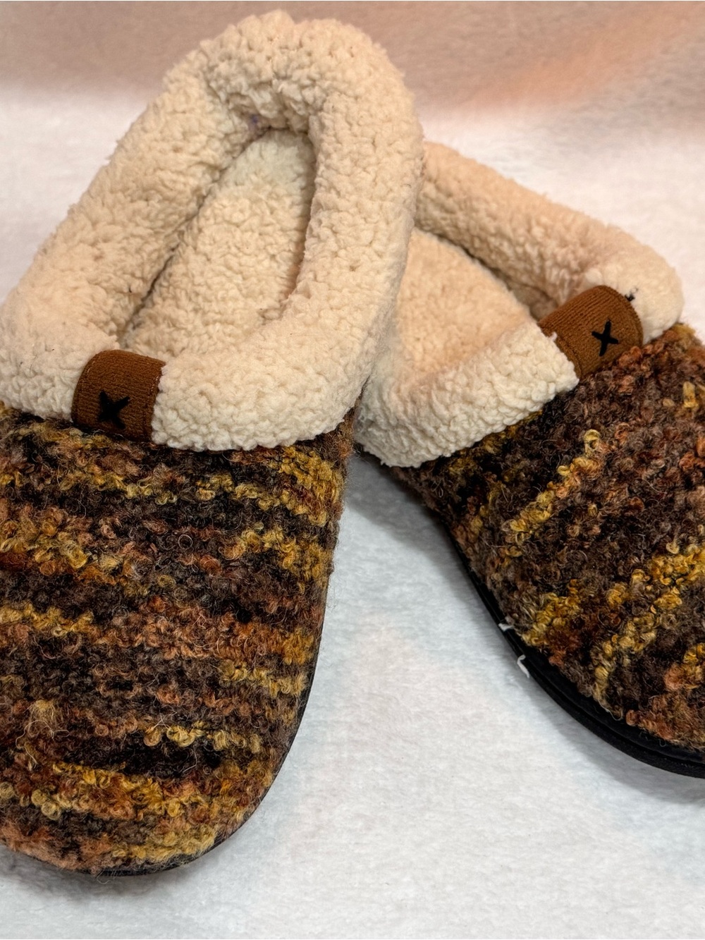 Cabernet Brown and Cream Cozy Knit Sherpa Slippers